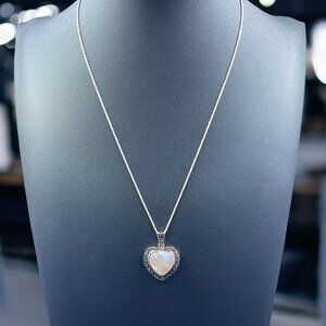Vintage Sterling Silver 925 Italy Heart Necklace Marcasite Mother Of Pearl Gift